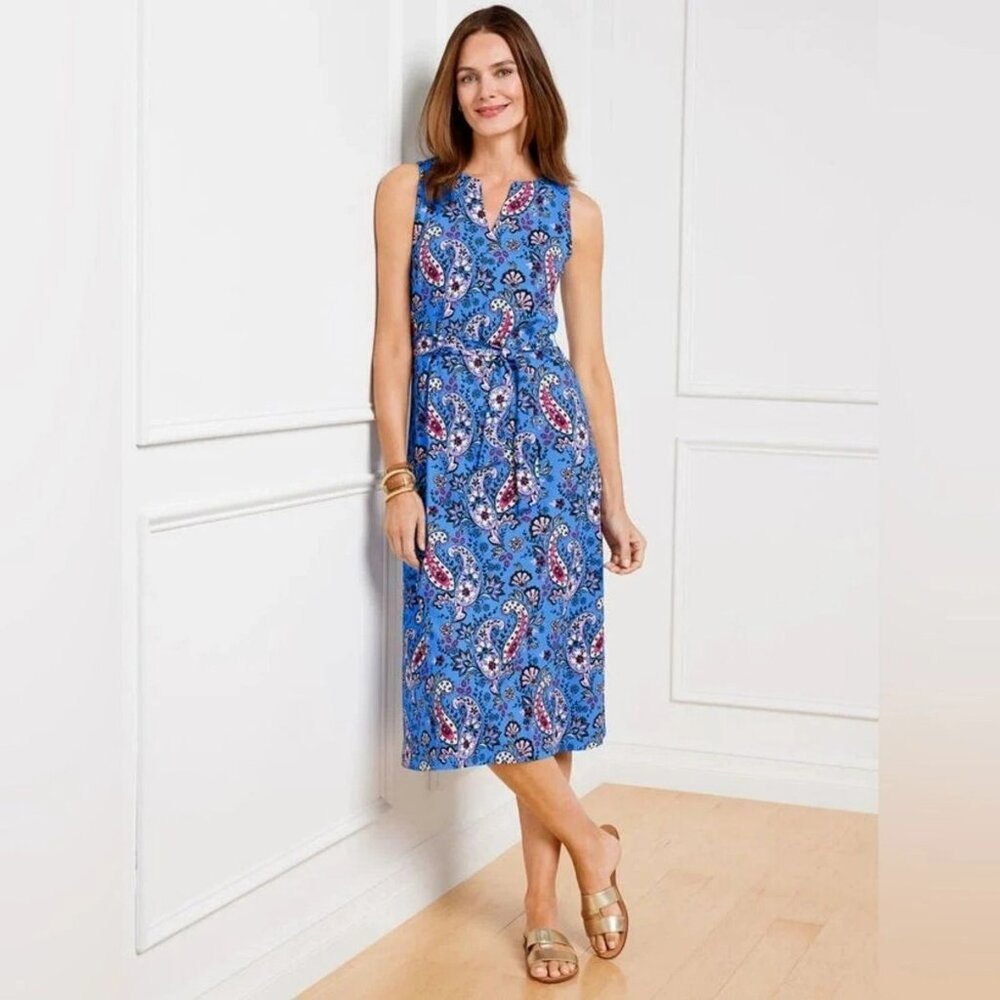 Talbots Women's Dress M Petite Effortless Jersey Blue Pink Midi Paisley